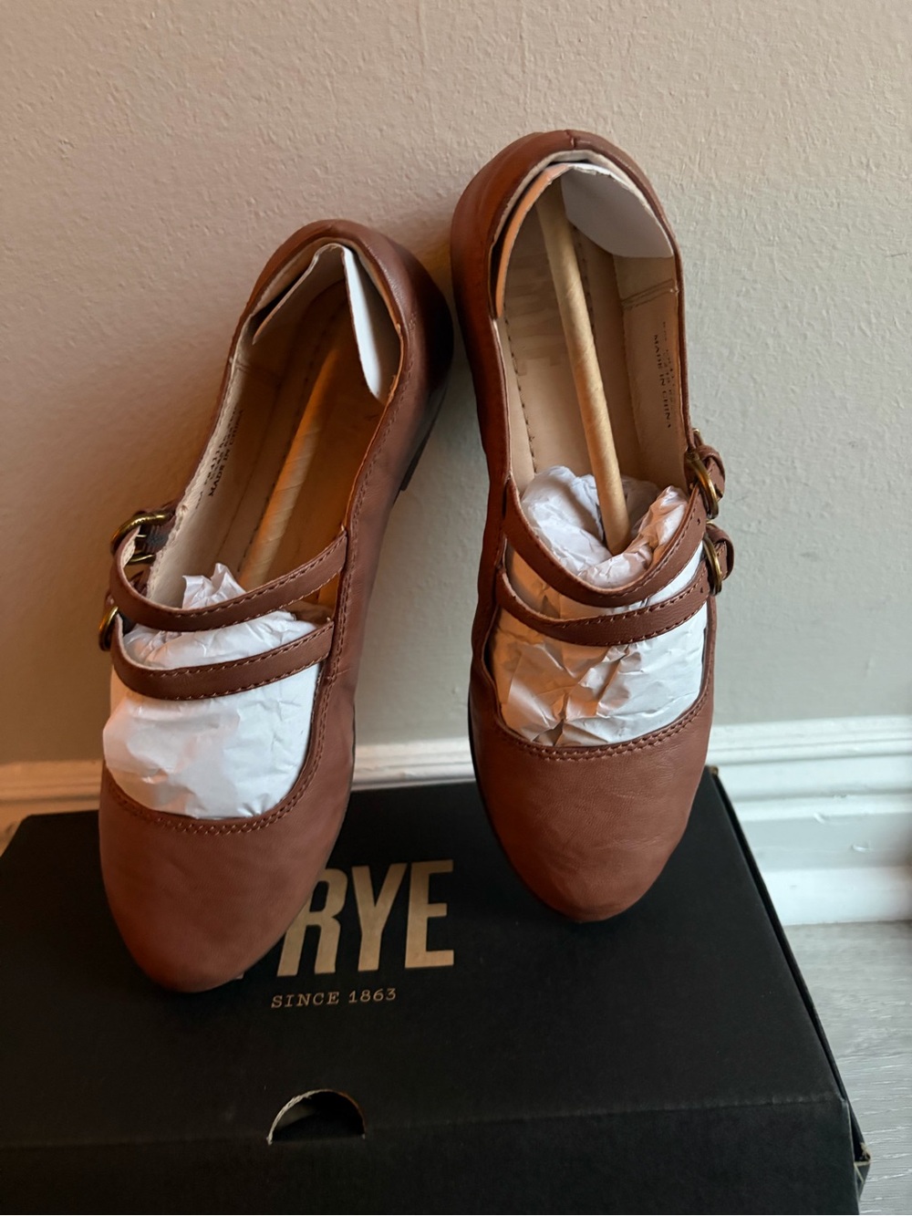 Frye Women's Chestnut Leather Double-Strap Mary Jane Flats